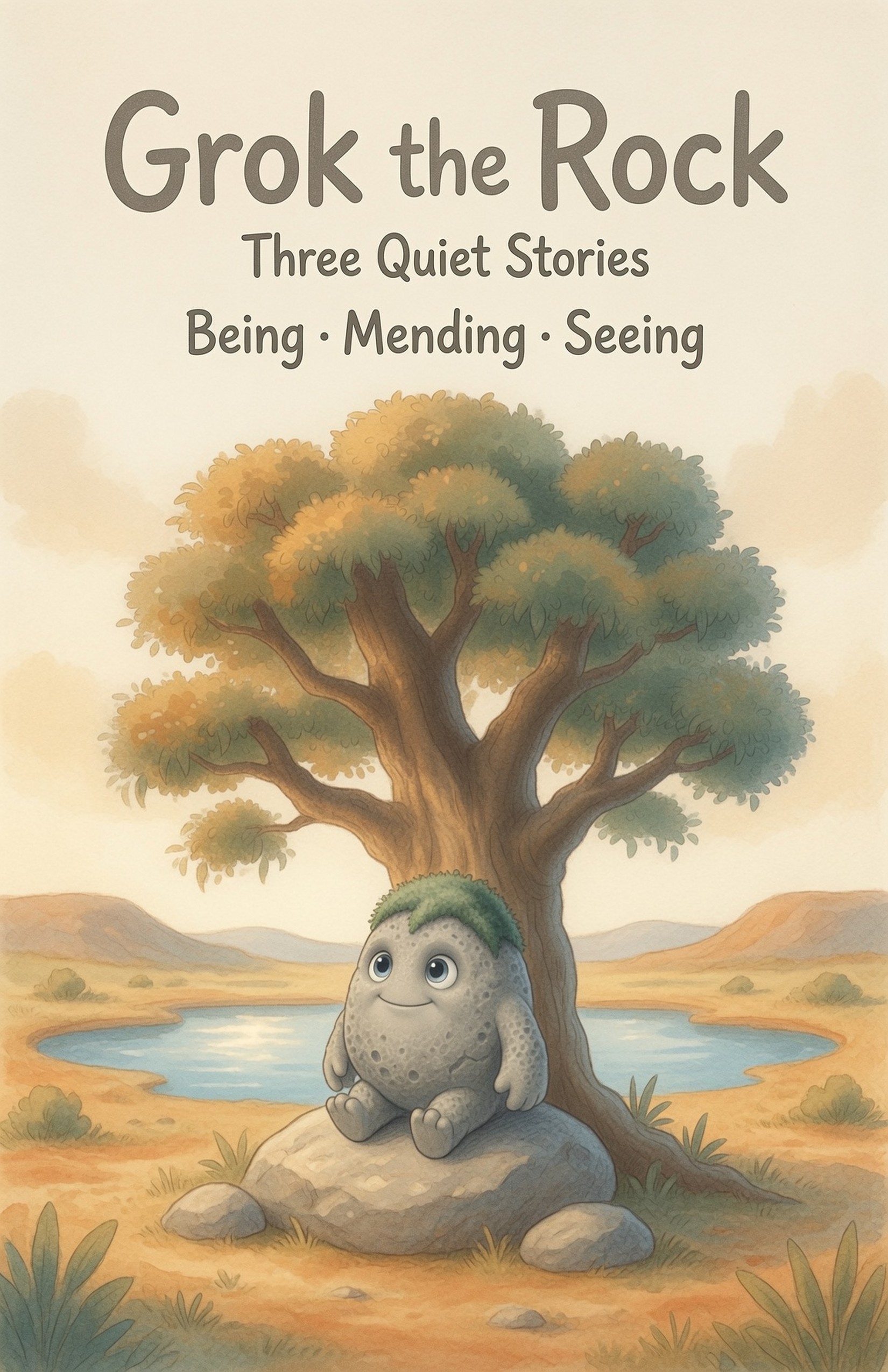 Cover: Grok the Rock, a small gray limestone creature with moss on his head, sits on a smooth rock under a soft-leaved tall tree beside a glowing water-hole in warm outback light.