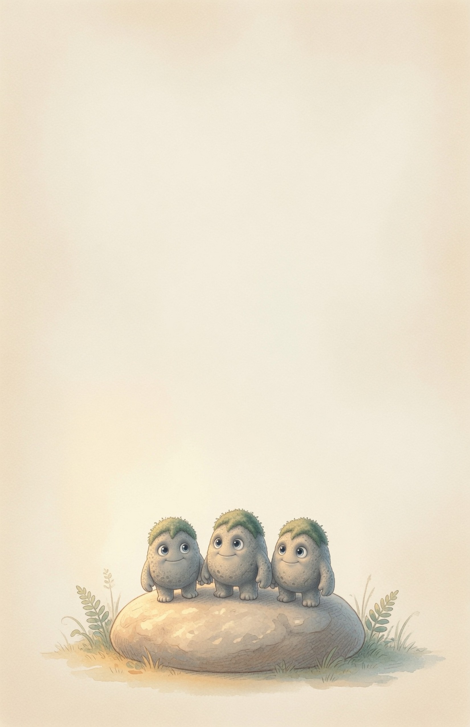 Dedication page: three tiny versions of Grok the Rock sit side by side on a smooth stone at the bottom of a nearly blank warm cream page.