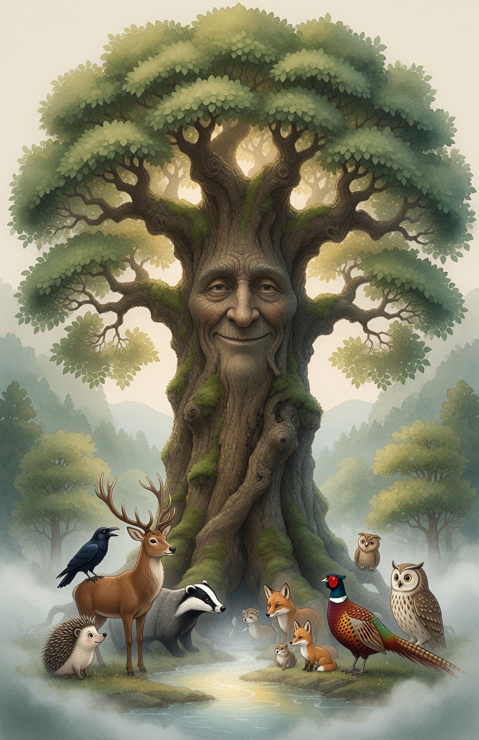 Cover: Lord Hai Ikthiss, a vast kind living tall Ceiba tree with a gentle face in the upper trunk, stands over a highland valley spring while small creatures look up through soft mist.