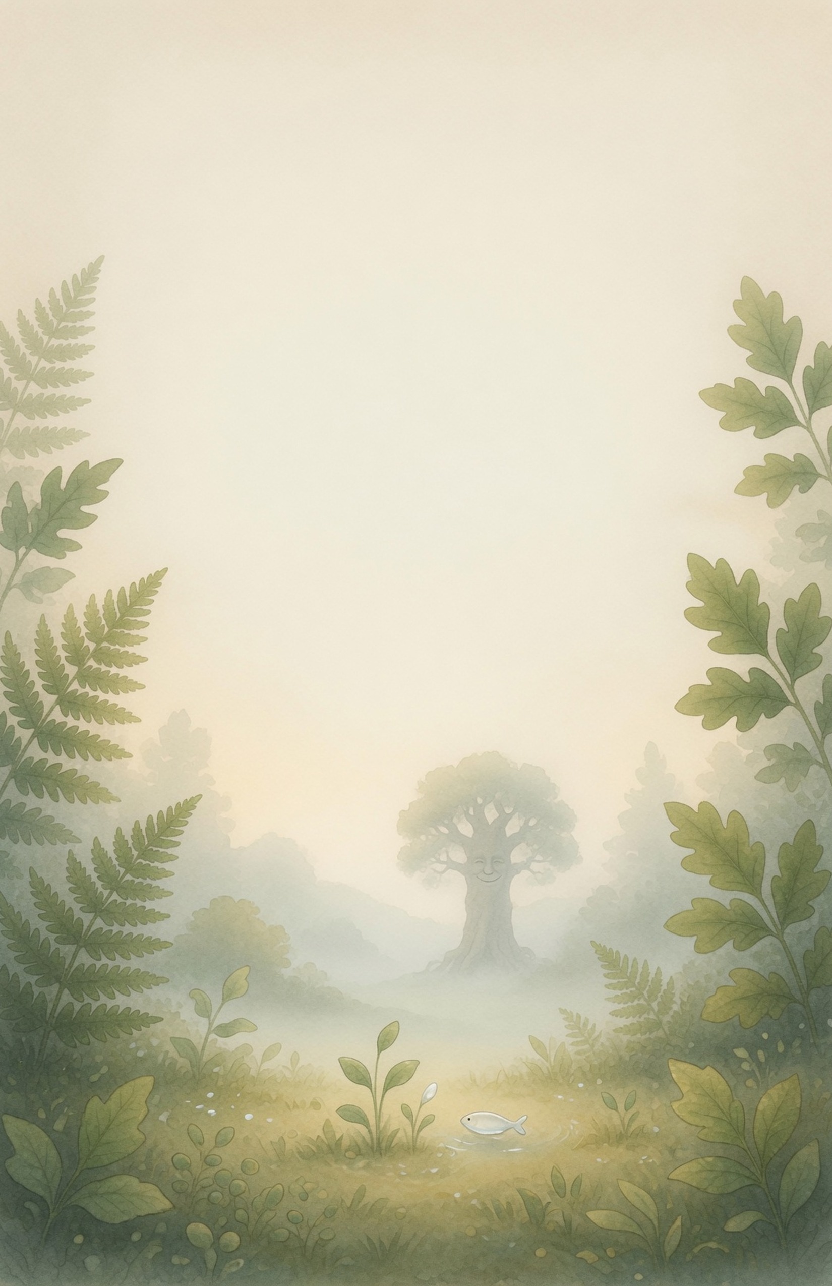 Dedication page: three tiny green sprouts beside a single clear water drop on a nearly blank warm cream page; optional tiny soft silhouette of Hai Ikthiss the tall Ceiba tree far in cool mist.