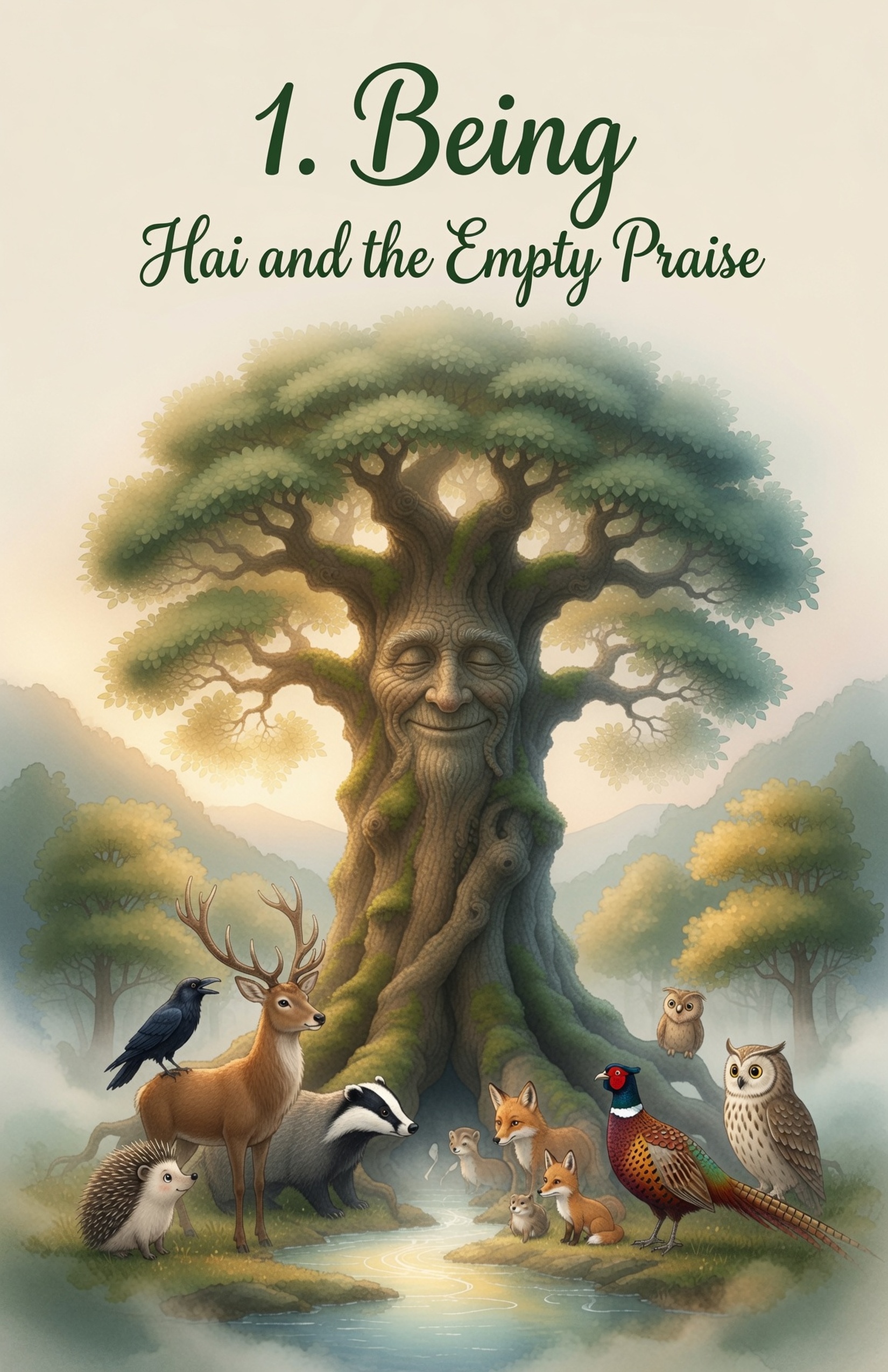Chapter One, Being — Hai and the Empty Praise. Hai Ikthiss as a vast living tall Ceiba tree with a kind face fills the upper page while small valley creatures look upward in bright praise.