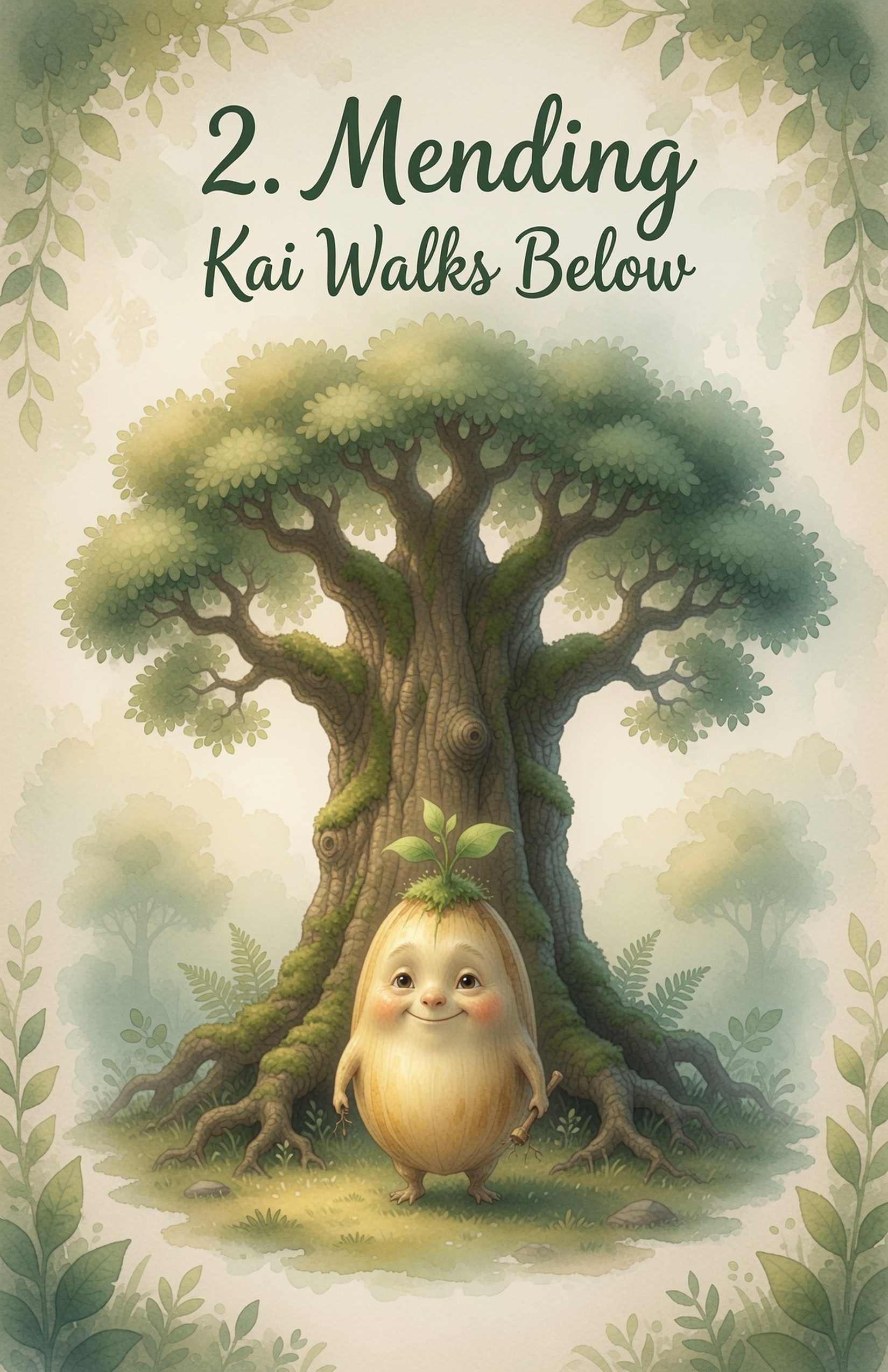 Chapter Two, Mending — Kai Walks Below. A small living walking Ceiba seed-pod creature with a kapok wisp and kind eyes stands at the foot of the great tall Ceiba; the small figure is Hai Ikthiss in humble pod form.