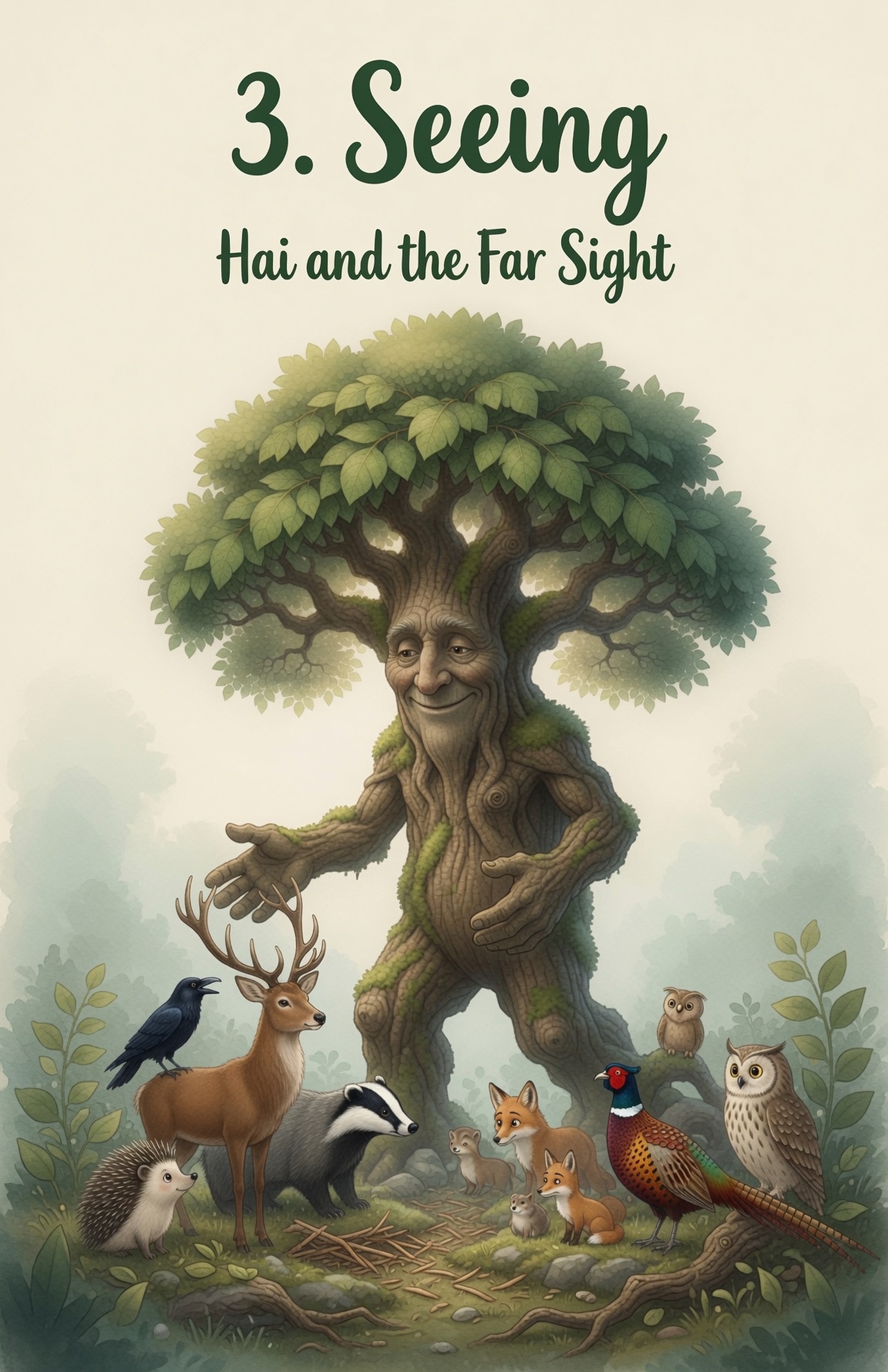 Chapter Three, Seeing — Hai and the Far Sight. A kind walking tall Ceiba tree offers both hands downward to lift; small creatures look up with wonder.