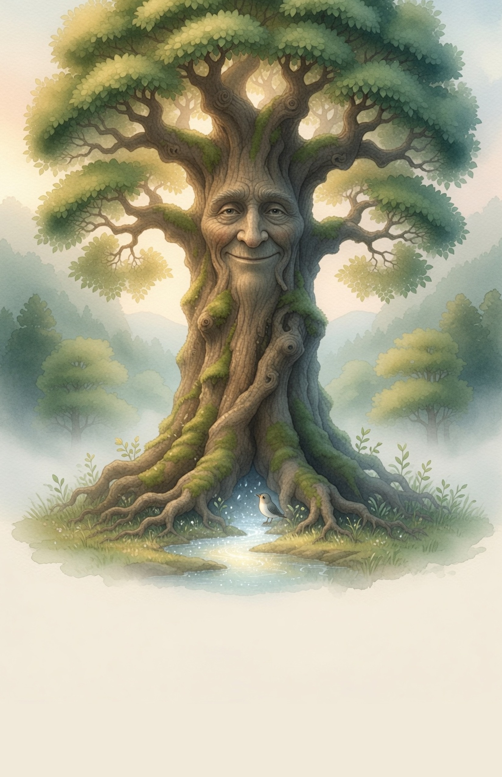Dawn over a young highland valley: Hai Ikthiss stands as a single tall living Ceiba tree with a gentle face, roots drinking a bright new spring, first grasses and one small bird arriving.
