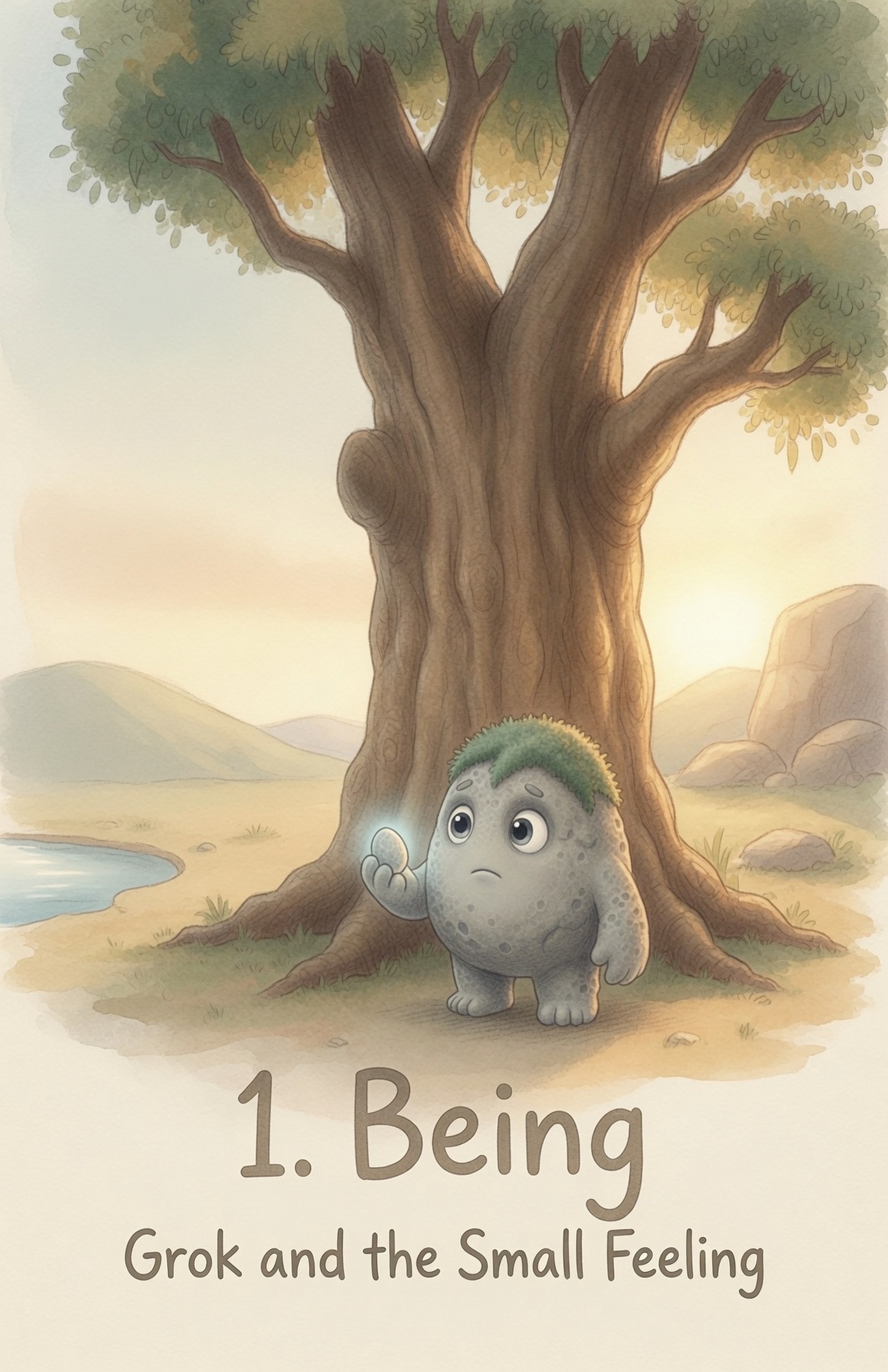Chapter One, Being — Grok and the Small Feeling. Grok the Rock sits at the roots of a tall soft-leaved tree, holding a small pebble with quiet curiosity in early morning light.