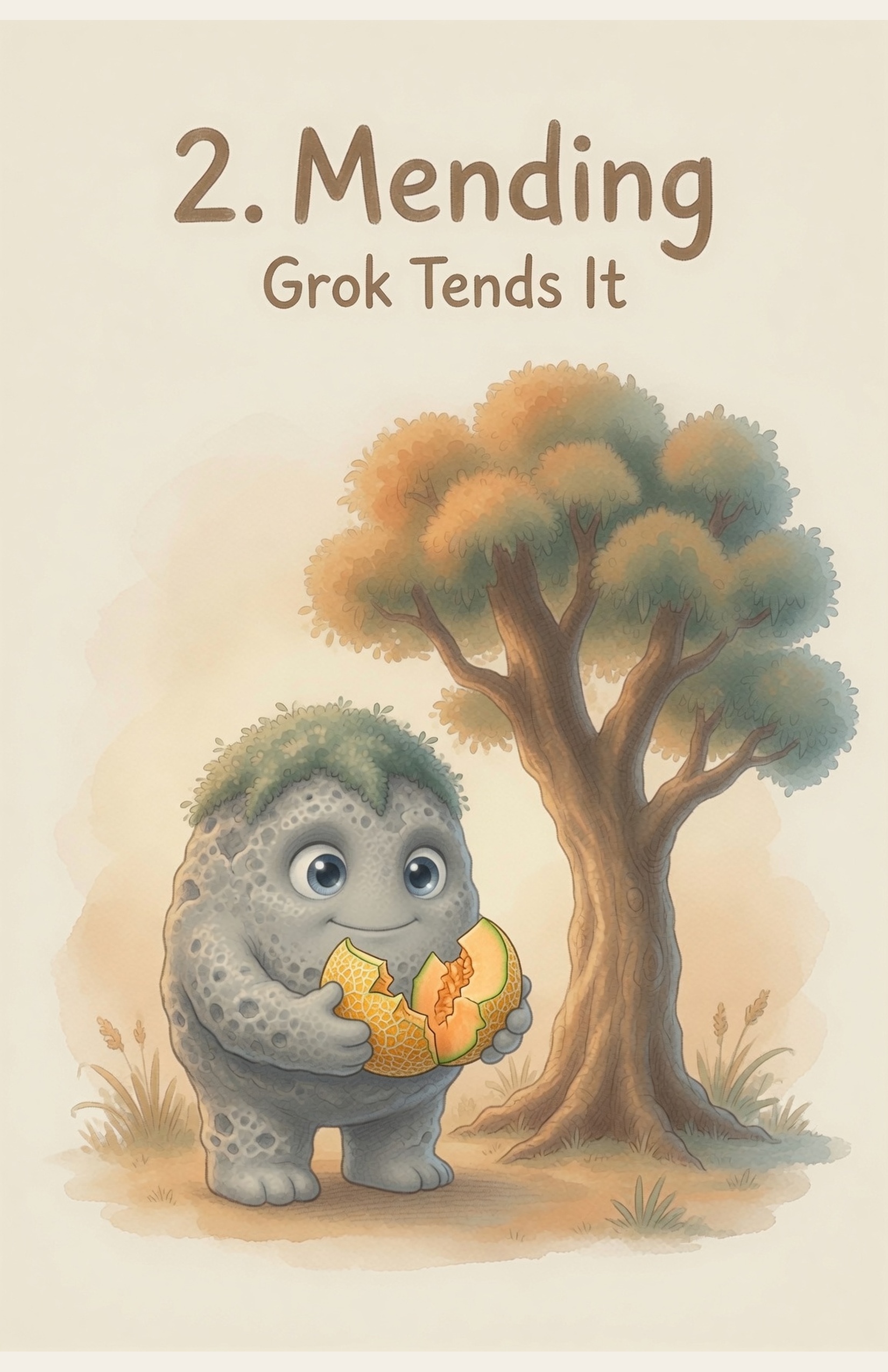 Chapter Two, Mending — Grok Tends It. Grok the Rock gently holds a cracked melon with both small hands, kind and steady.