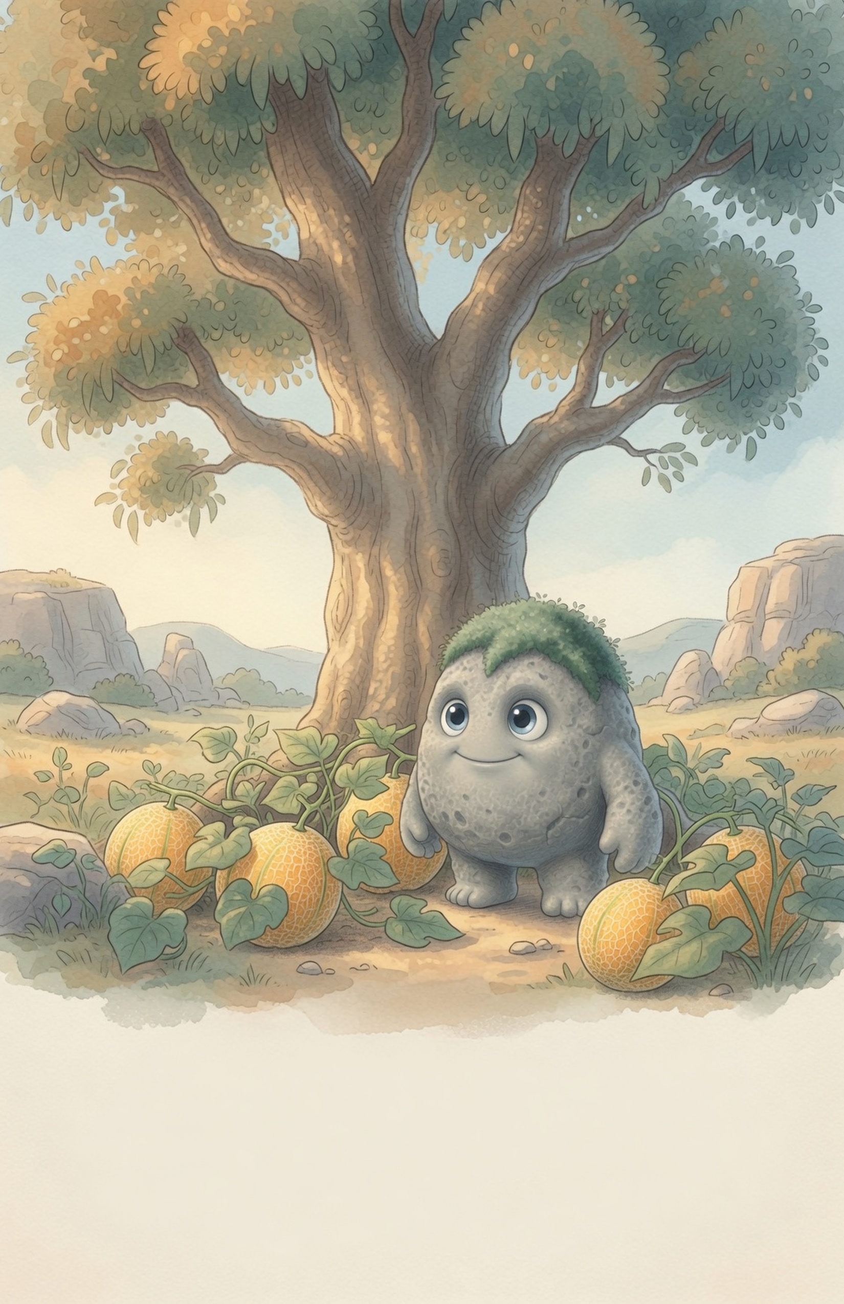 On a sunny morning under the tall tree, Grok the Rock stands among healthy melon vines and sweet potato leaves with quiet delight.