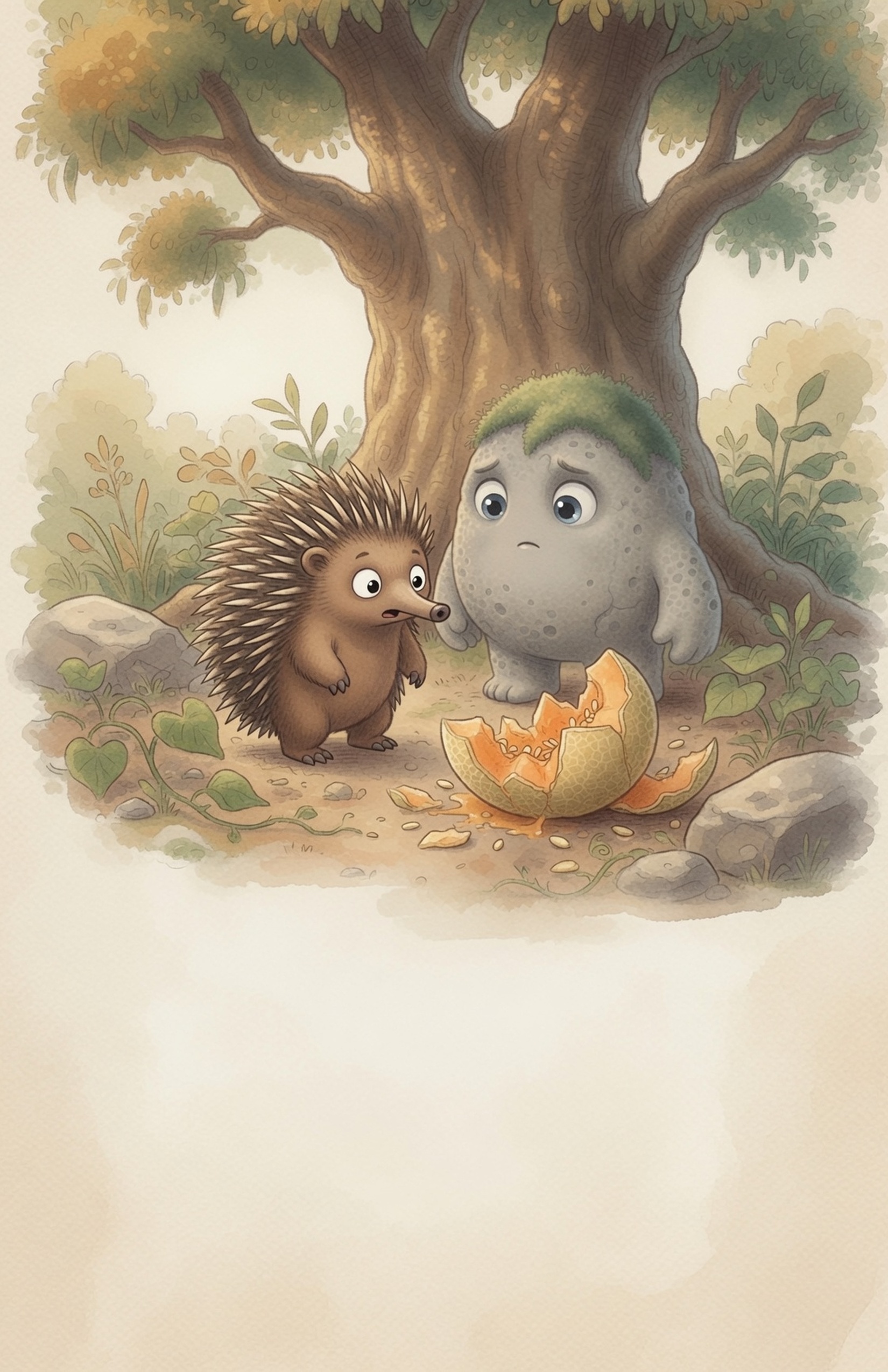 Pip the young echidna freezes mid-step in horror as a big melon splits open at Grok’s feet, juice and seeds spilling on the garden ground.