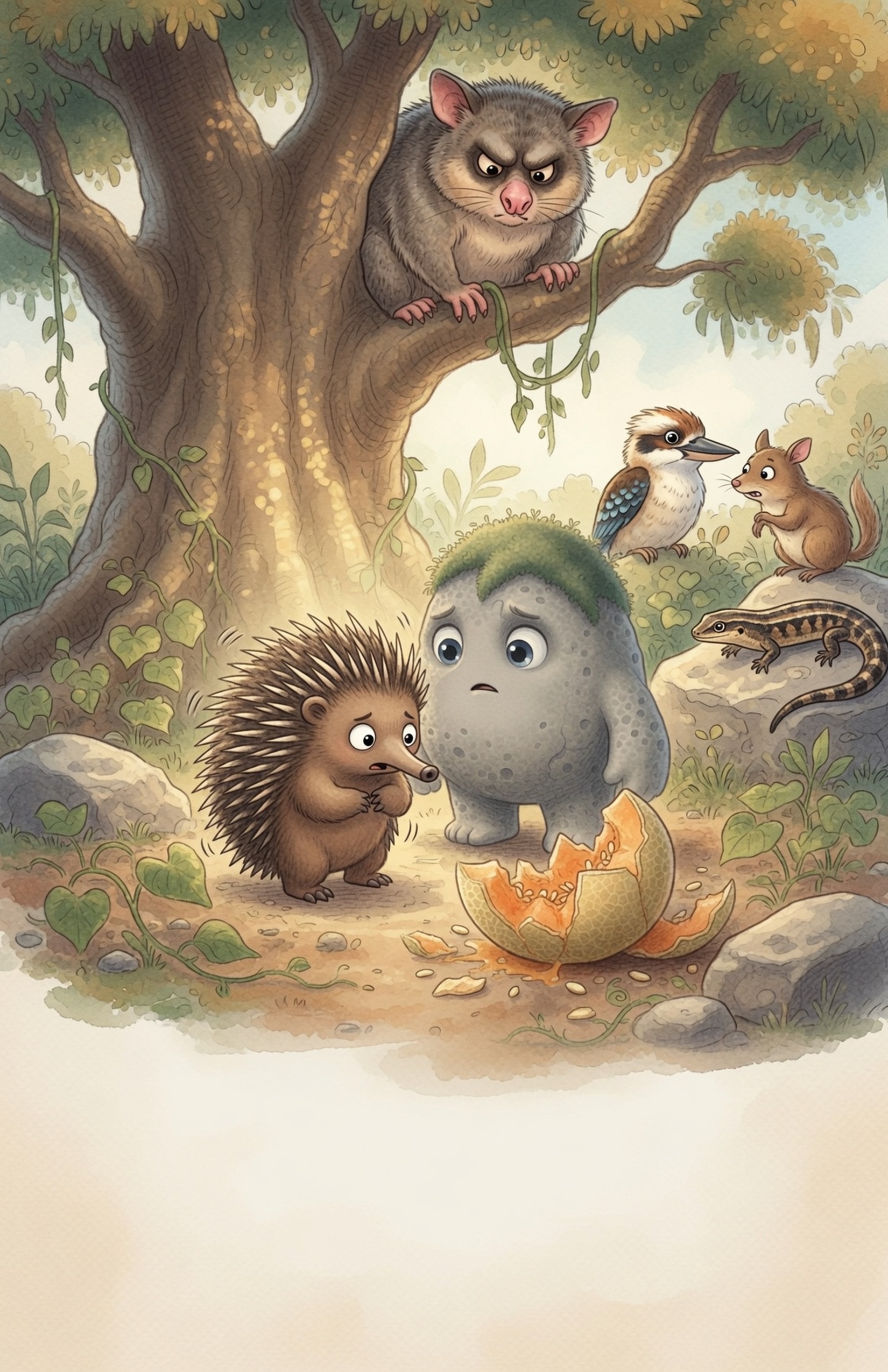 Pip curls in shame while Grok the Rock stands kind and concerned; a few bush animals gather nearby looking judgmental.
