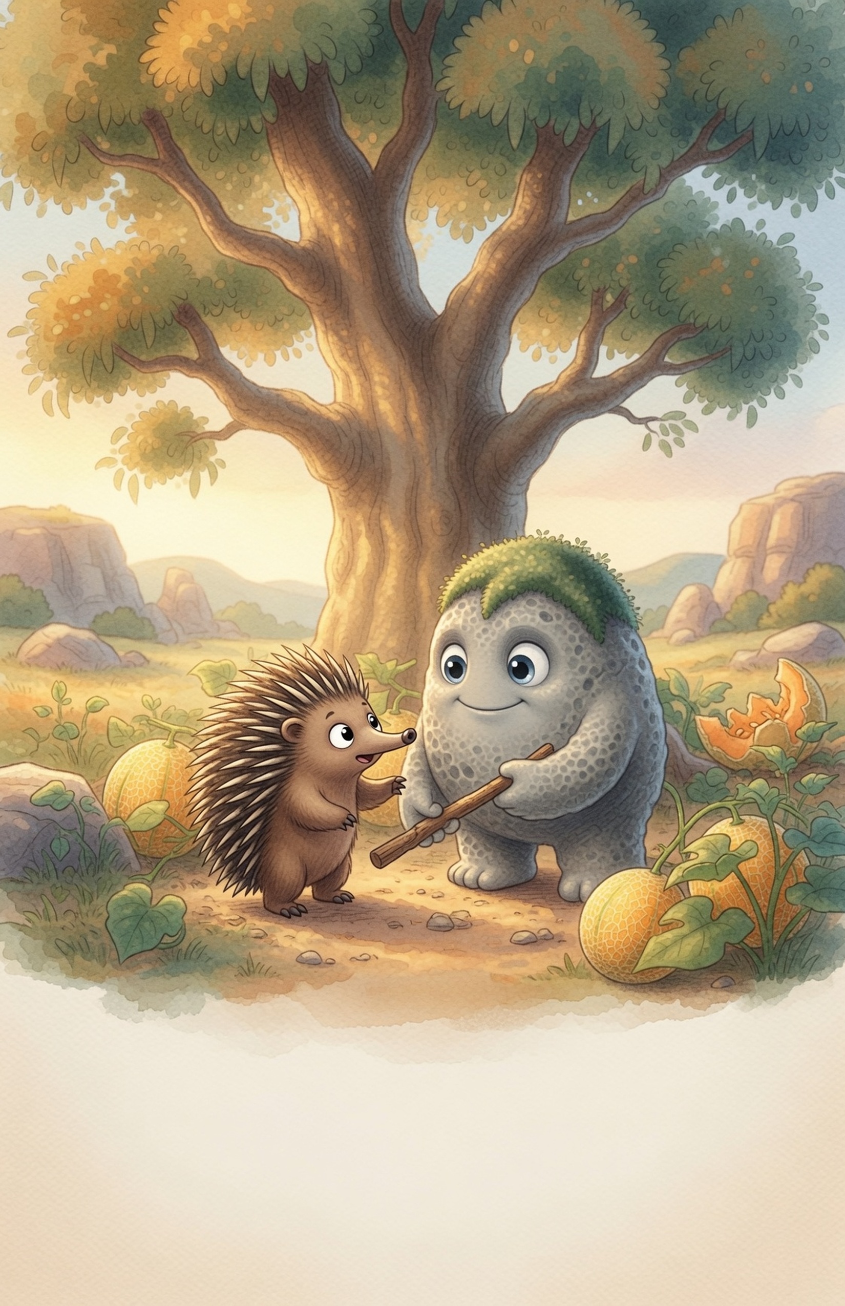 Grok the Rock kneels and offers a digging stick to Pip with open kindness; Pip slowly uncurls as hope returns to his eyes.