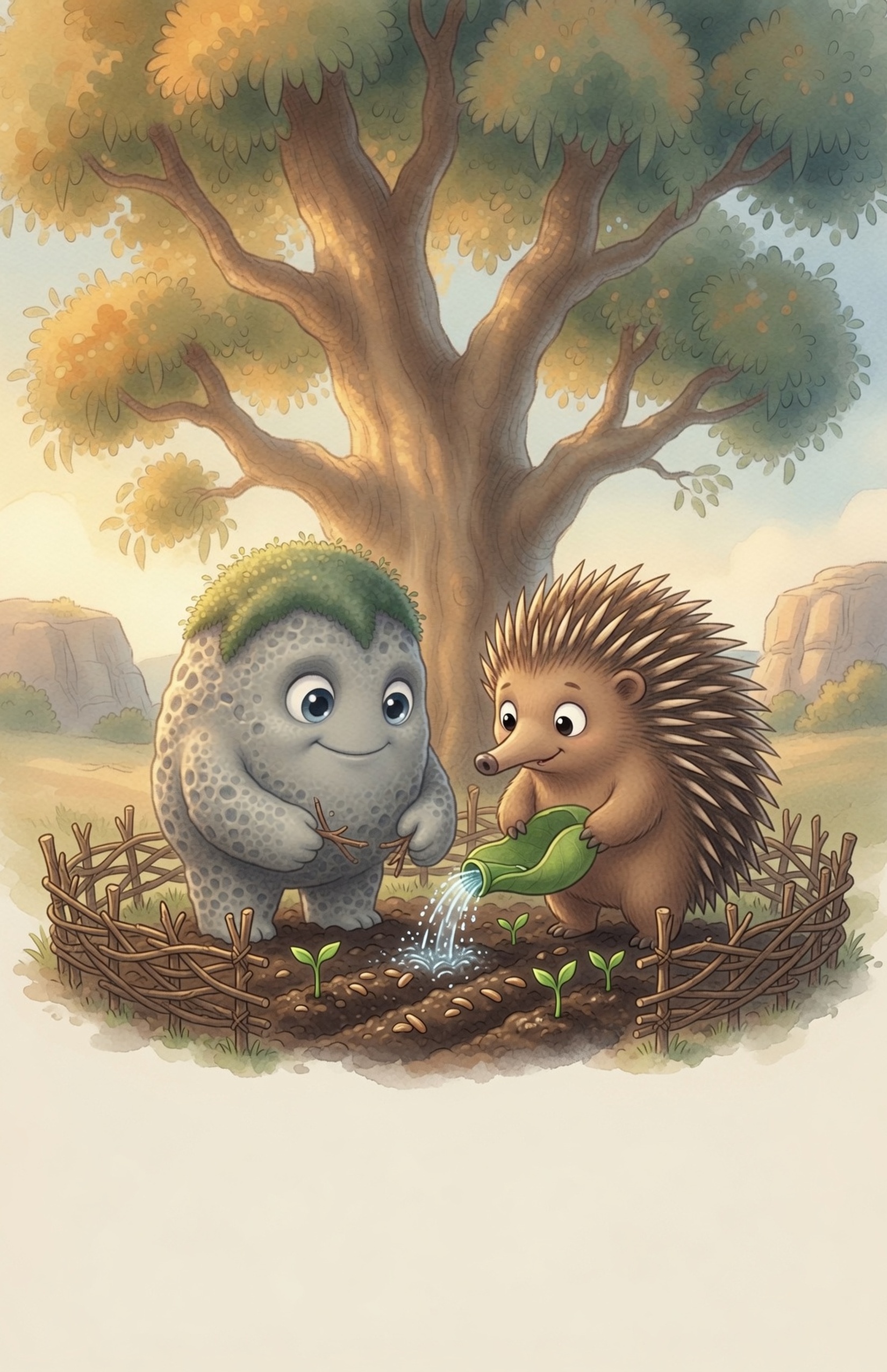 Grok the Rock and Pip work side by side planting seeds, watering, and building a tiny twig fence, both with soft smiles.