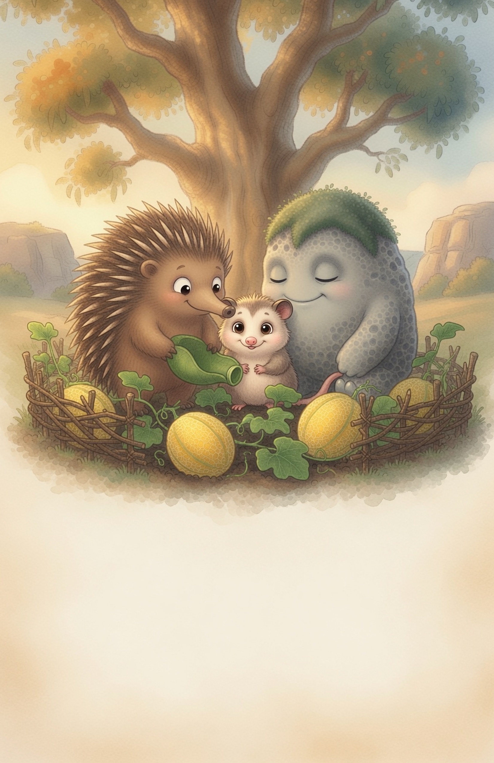 At golden hour Grok the Rock and Pip sit beside thriving melons with another small animal included, a peaceful mended community.