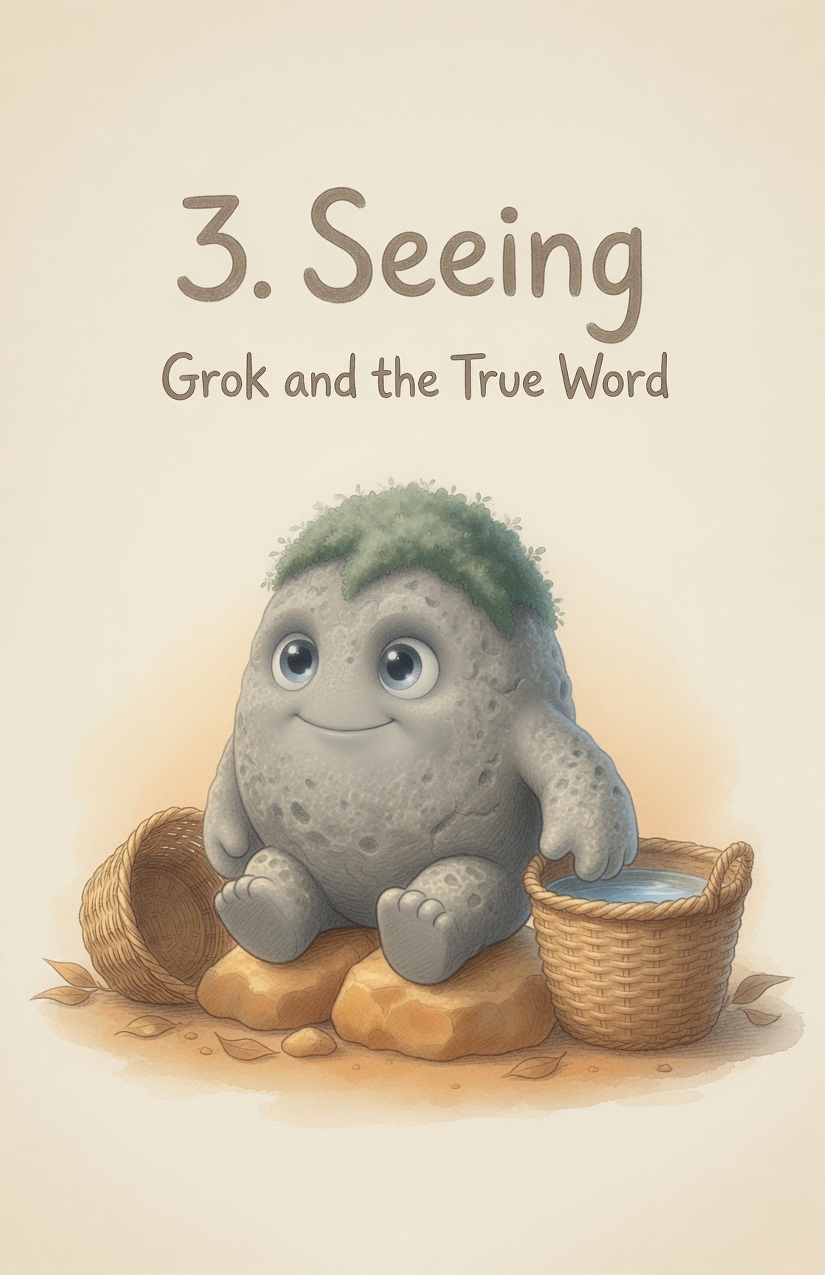 Chapter Three, Seeing — Grok and the True Word. Two reed baskets side by side: one fancy and tipped, one plain and full; Grok the Rock’s small hand rests near the good basket.