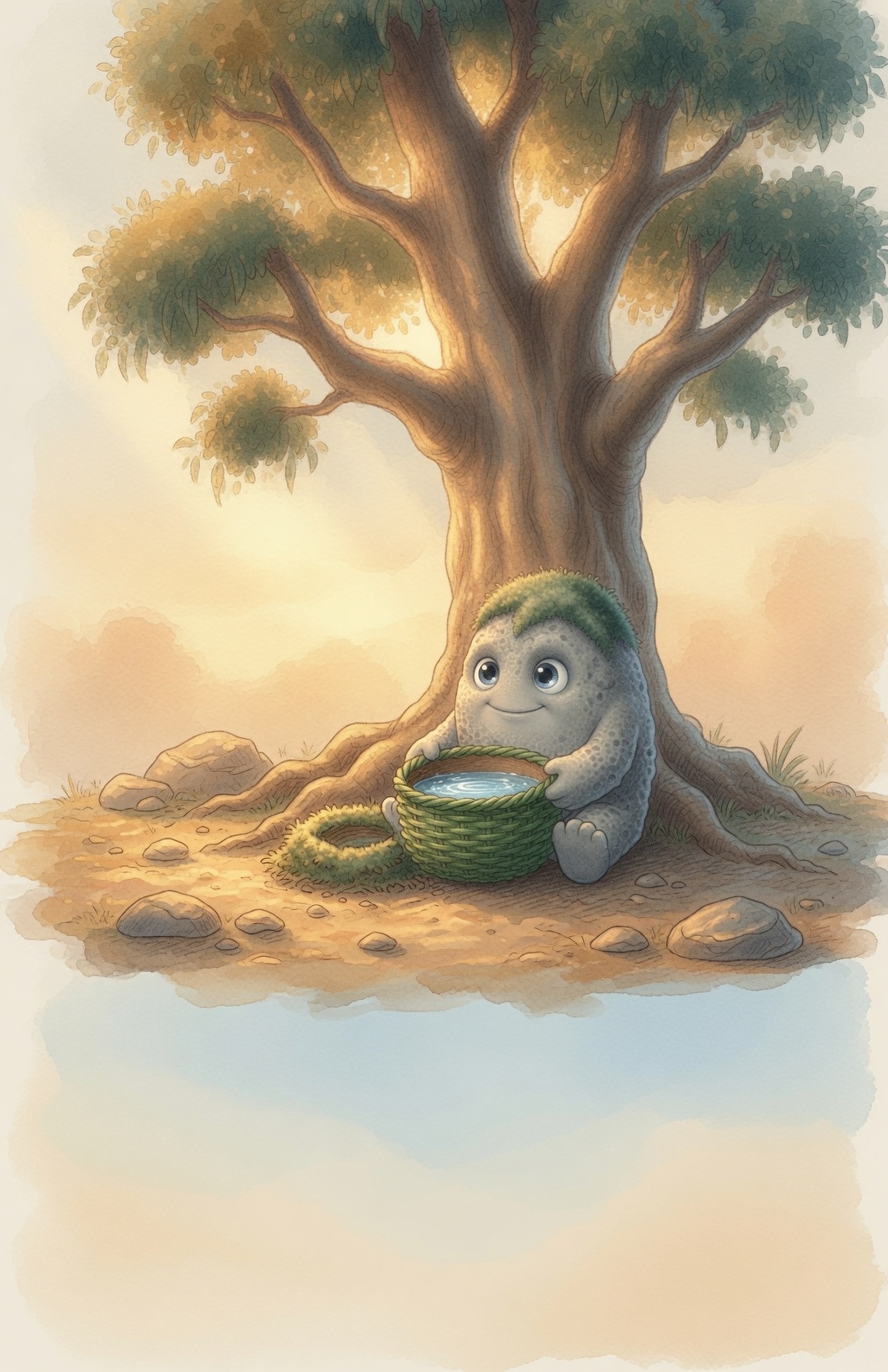 At golden hour under the tall tree, Grok the Rock turns a finished reed water basket lined with clay, clear water sparkling inside.