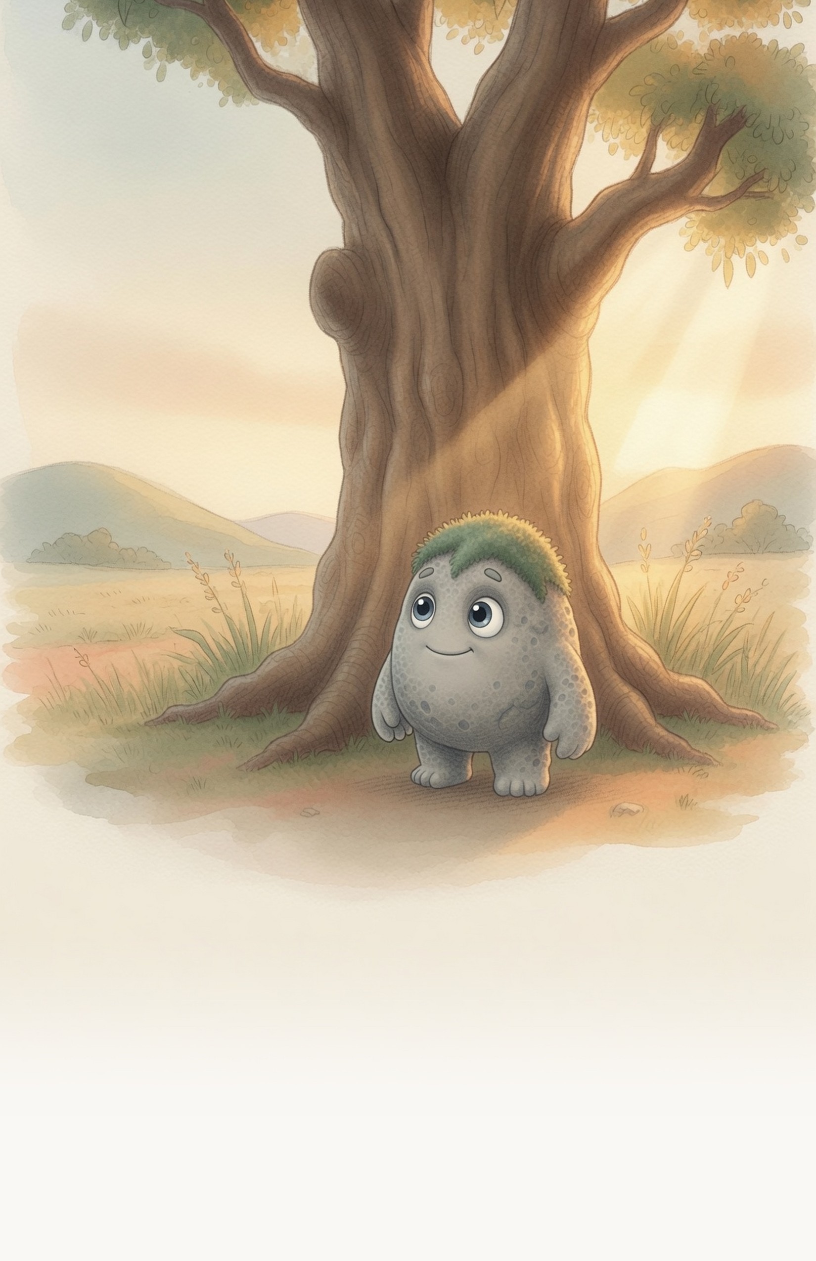 Grok the Rock sits up under the tall tree in warm morning sun, limestone back lit by golden shafts, gazing out at the wide world with gentle wonder.