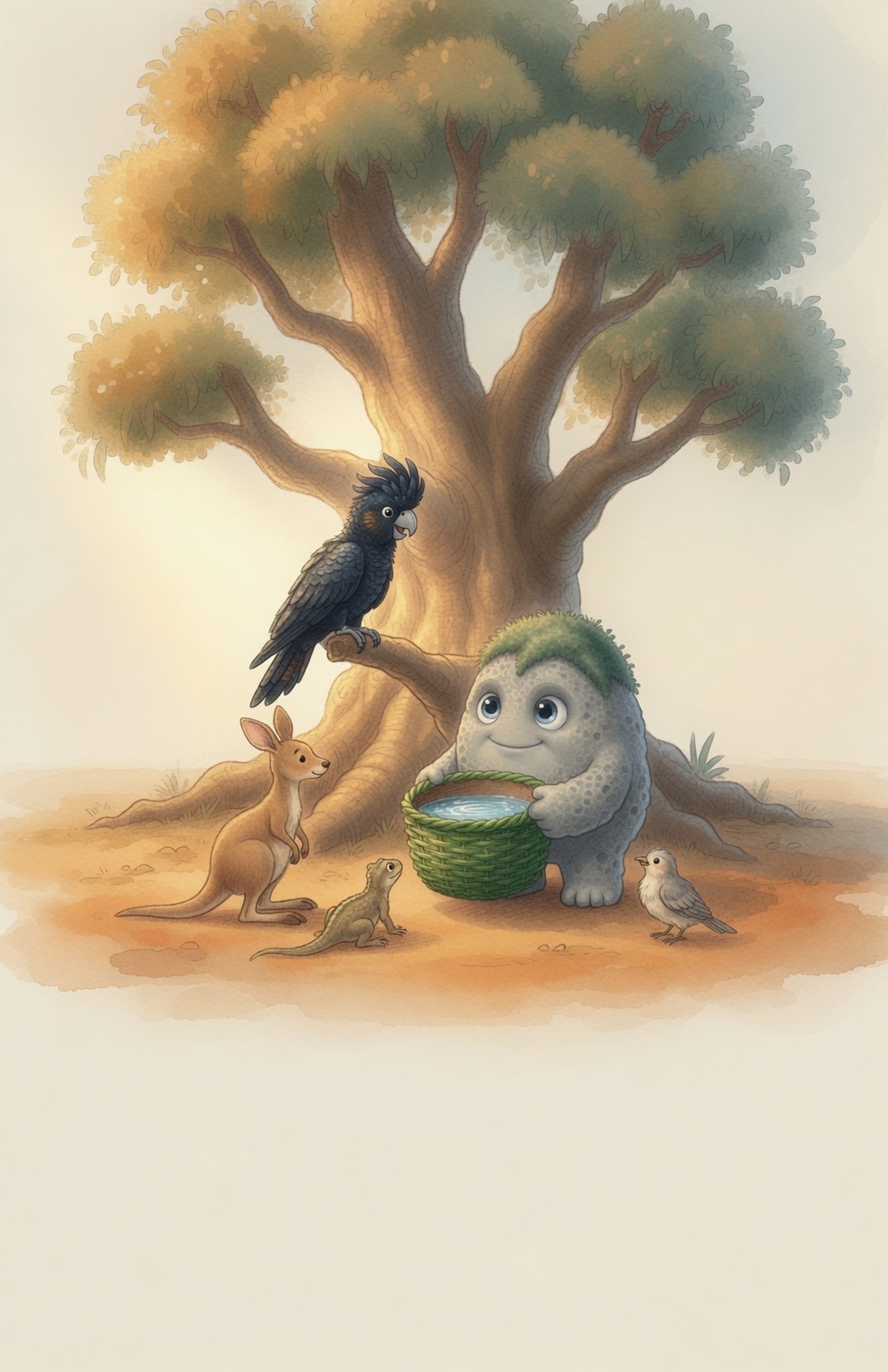 A glossy black cockatoo with grand tail feathers perches high and speaks proudly while Grok the Rock holds his basket below.