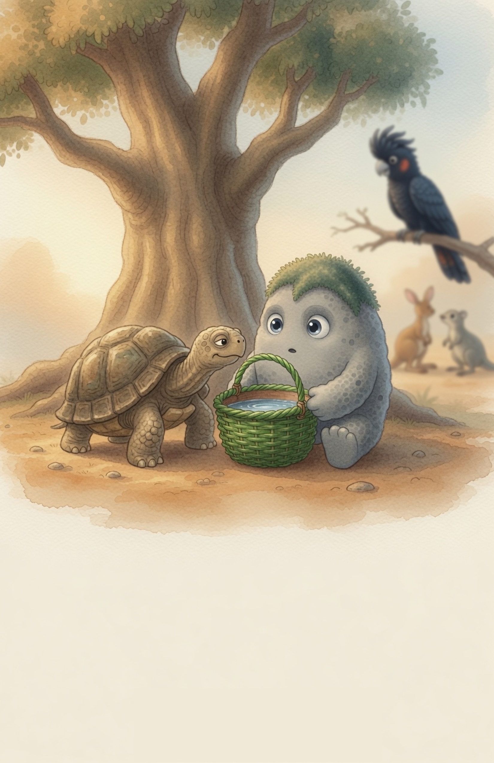 A humble old tortoise with a plain shell speaks softly about a handle idea while Grok the Rock listens carefully; some animals turn toward the flashy cockatoo.