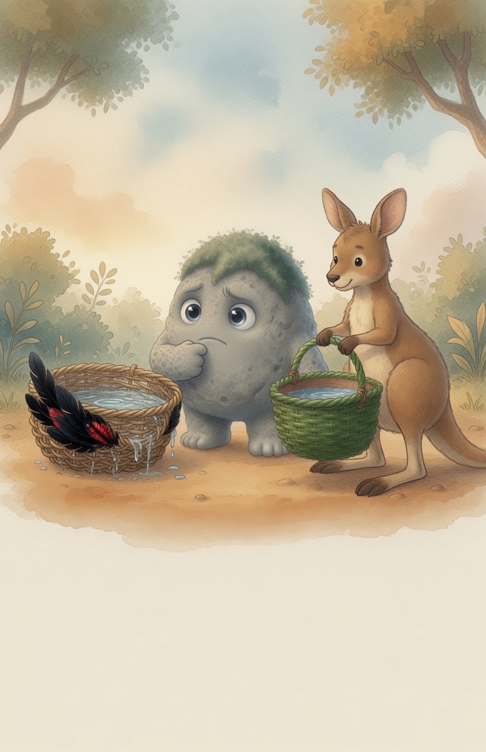 Side by side: a fancy feathered basket tips and leaks, while a simpler steady basket is easy to carry; Grok the Rock looks thoughtfully between them.