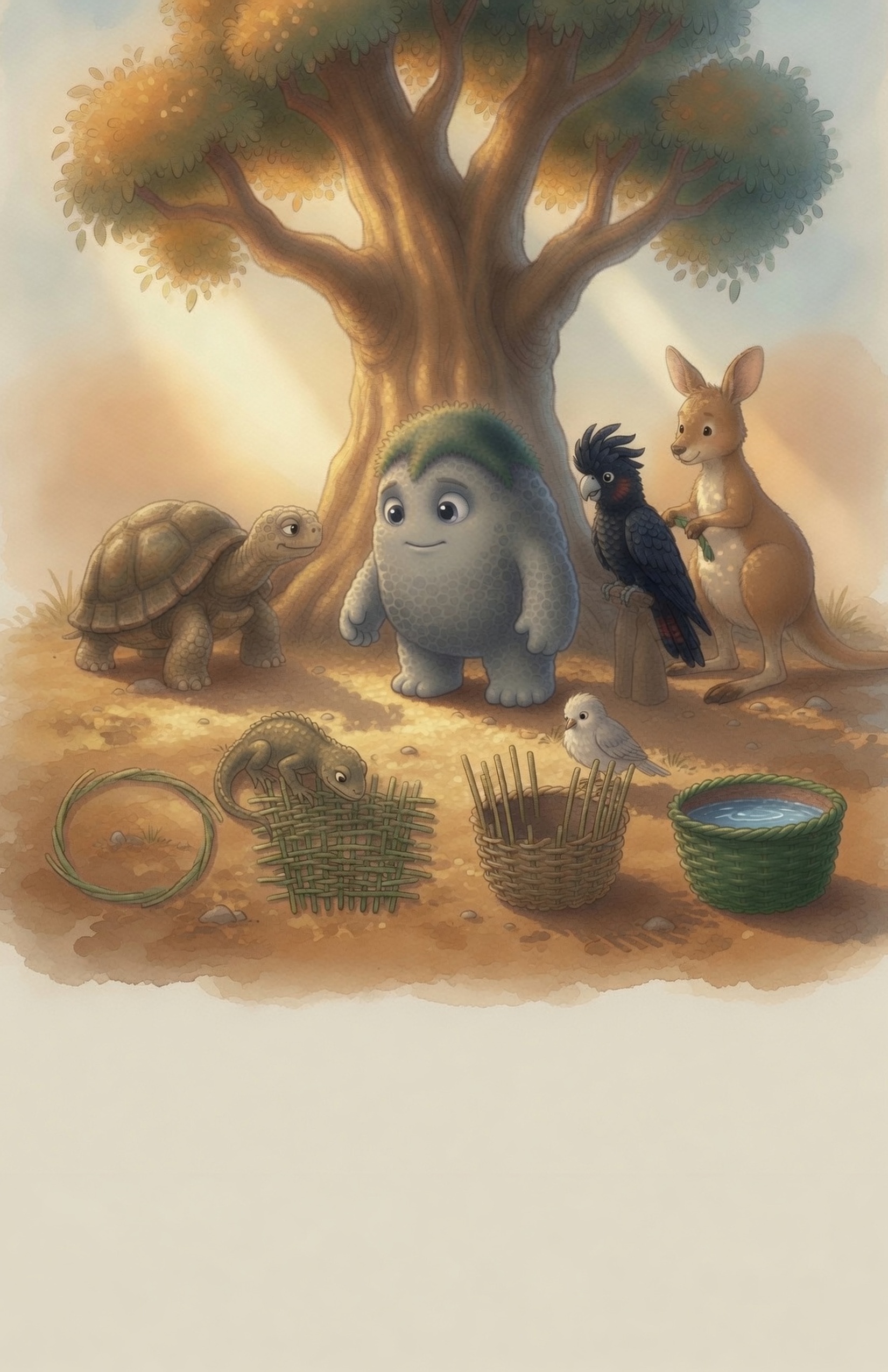 Grok the Rock places the sturdy good basket and a plain weaving pattern under the tall tree for anyone to use, open and free.