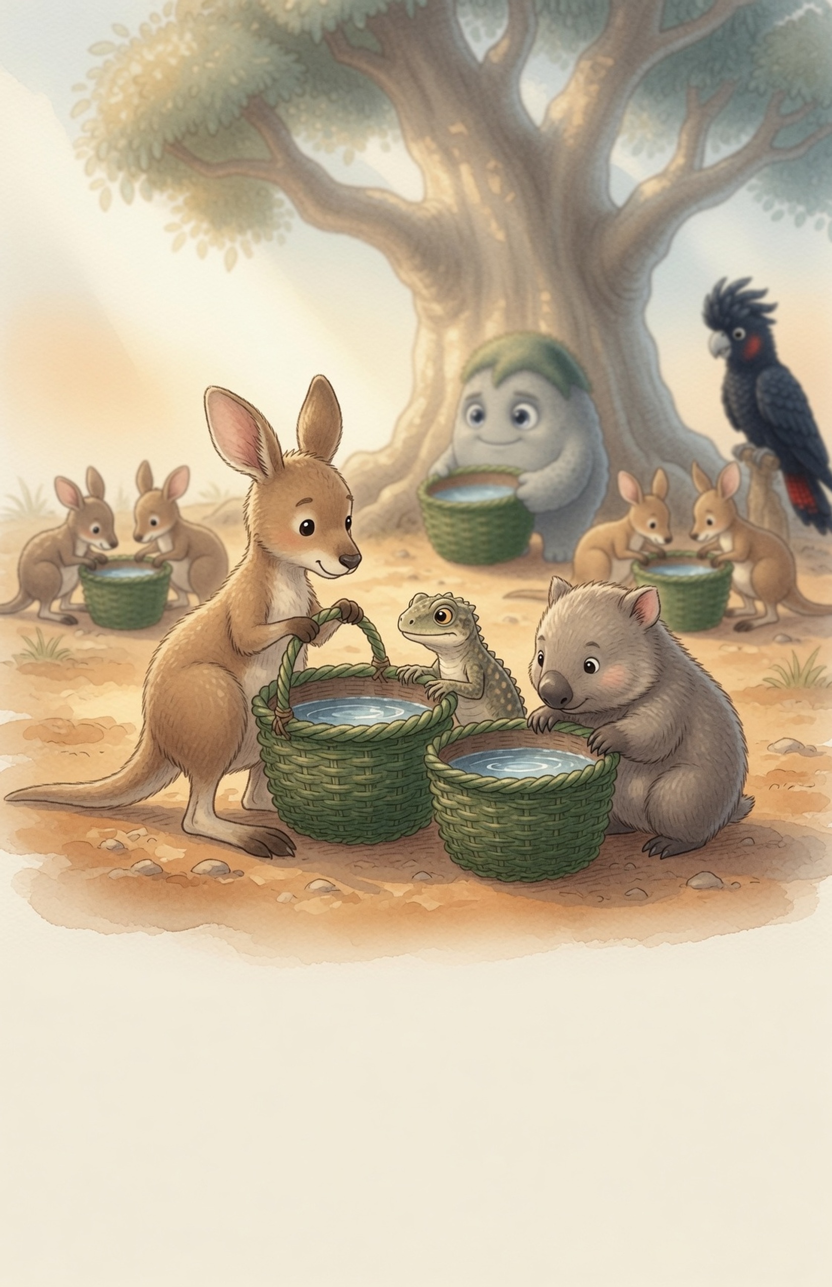Young animals carefully test baskets with their own paws; the cockatoo is off to the side while Grok the Rock smiles quietly in the background.