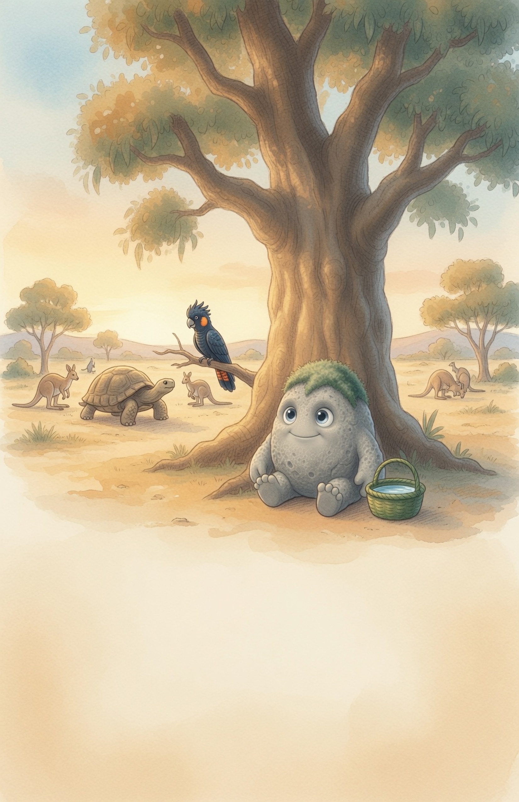 At golden hour Grok the Rock sits contentedly under his tall tree with the good basket beside him as animals of all kinds move freely together.