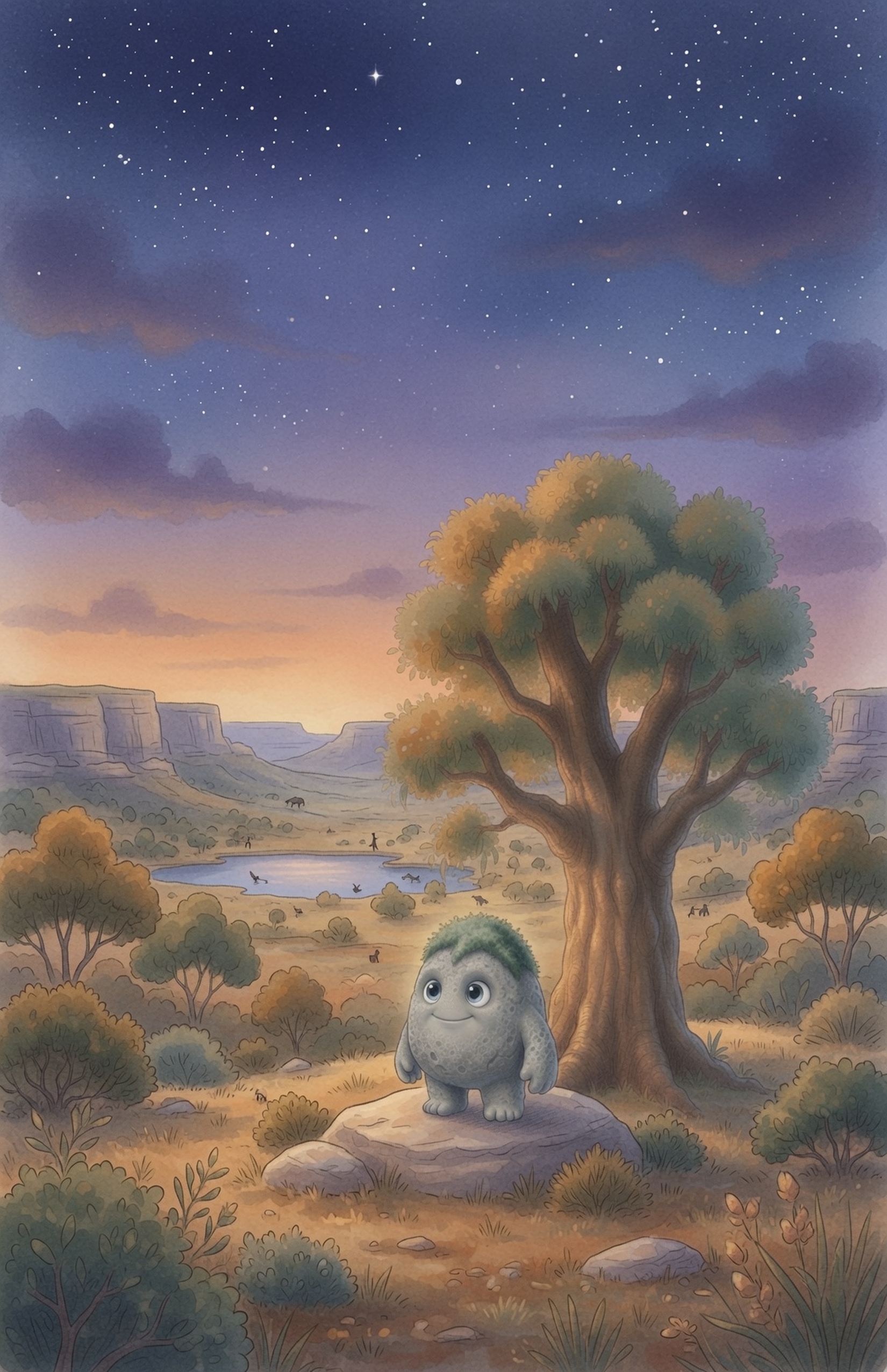 Closing page: a wide peaceful valley at dusk with tiny Grok the Rock sitting on his favourite rock, soft stars beginning to appear.