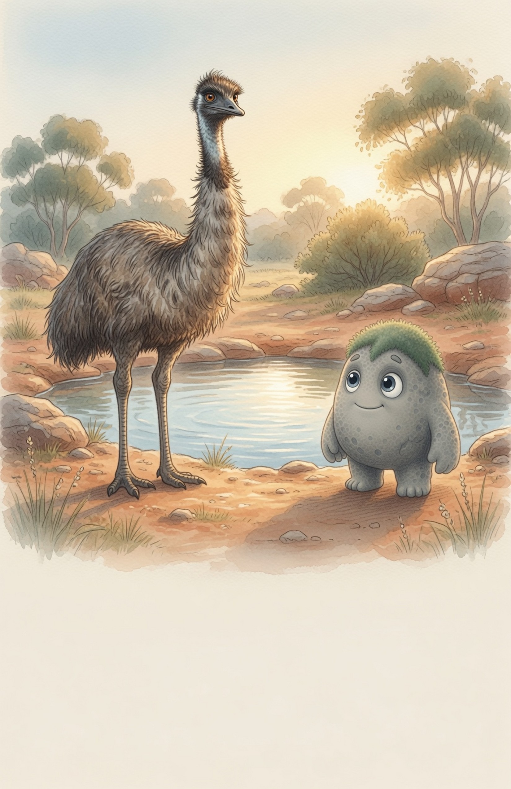 Beside a clear water-hole, a tall proud emu stretches its neck high while small Grok the Rock stands nearby, looking up at the scale difference.