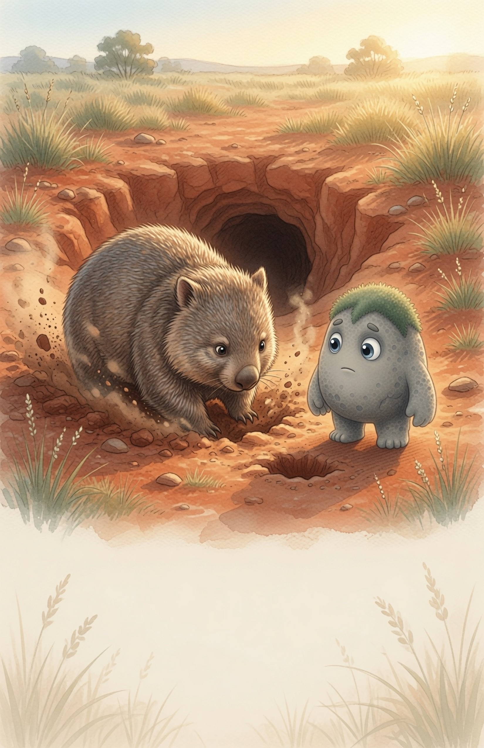 A sturdy wombat digs a large hole in red earth; tiny Grok the Rock digs a much smaller uneven hole and looks down at it.