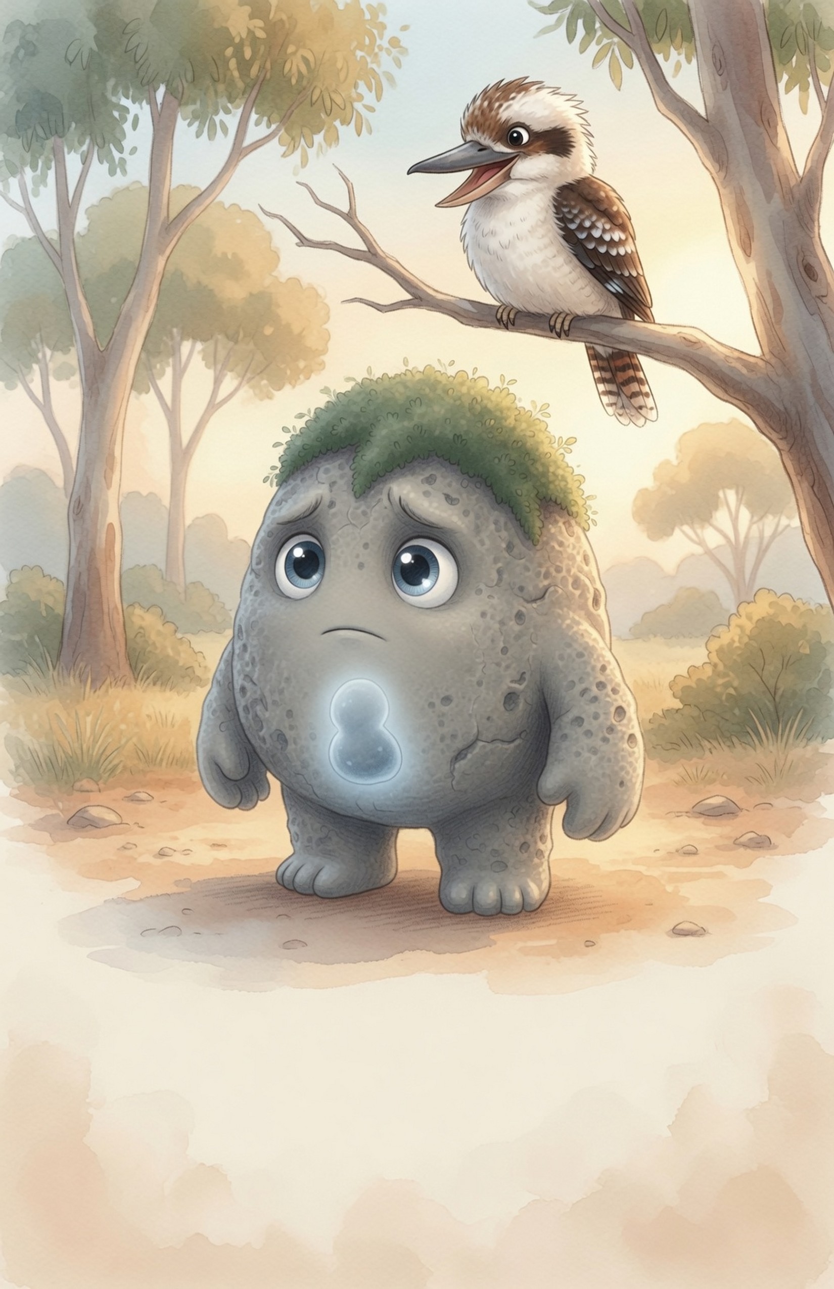 Grok the Rock stands slightly hunched while a kookaburra laughs from a branch above; a soft cool pebble-shape hints at the feeling in his middle.