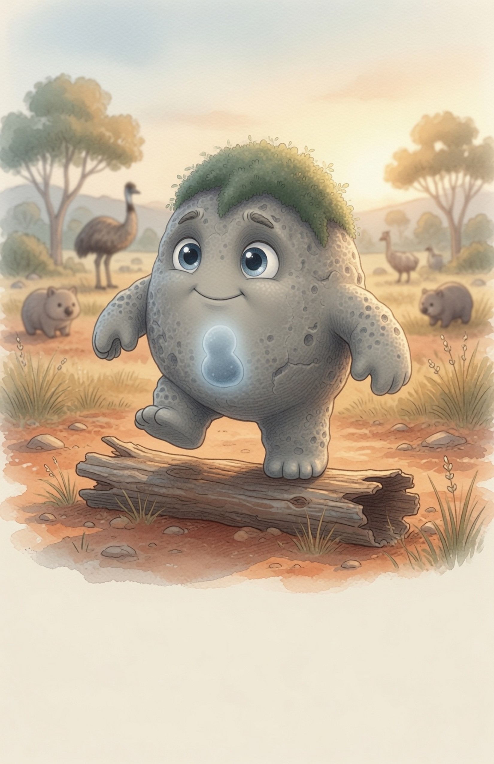 Grok the Rock stands unsteadily on a log with his chest puffed out, trying to look big, little stone feet thumping the wood.