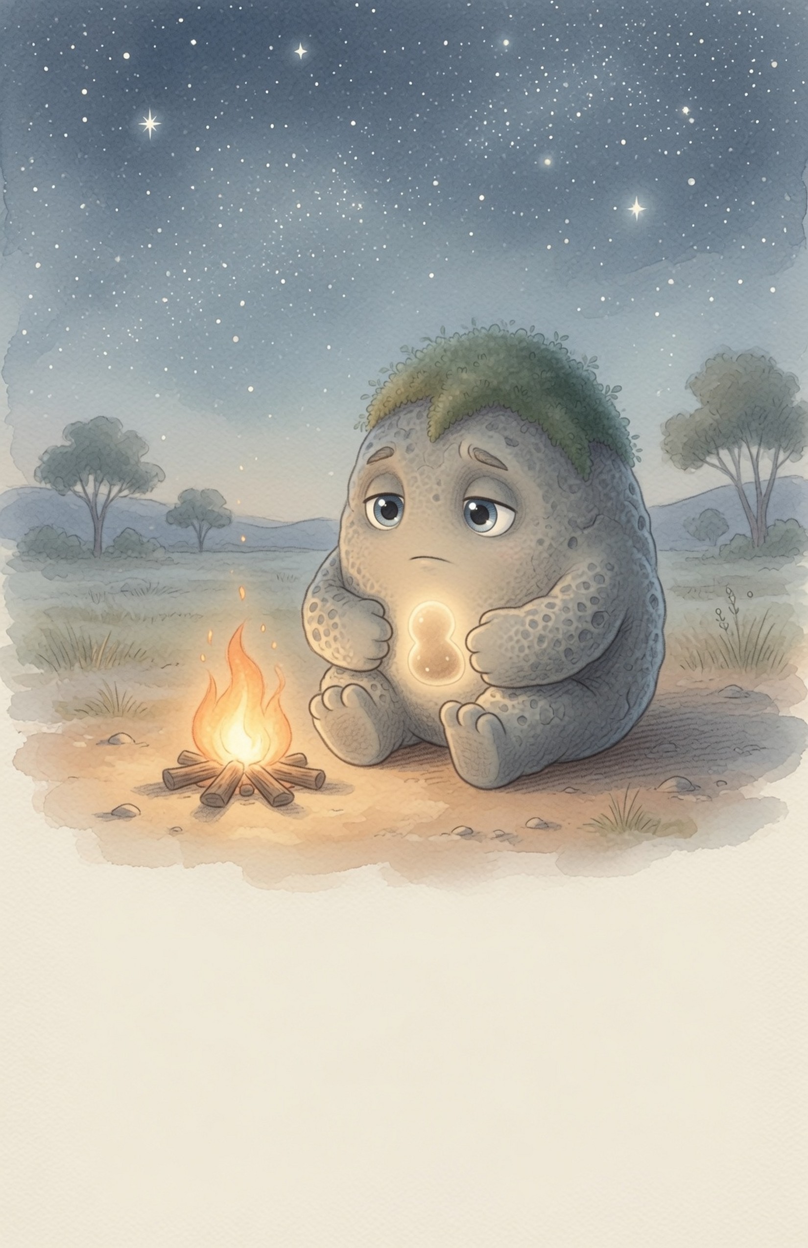 At night Grok the Rock sits alone by a tiny campfire under a soft starry sky, arms around his knees, peaceful and accepting.