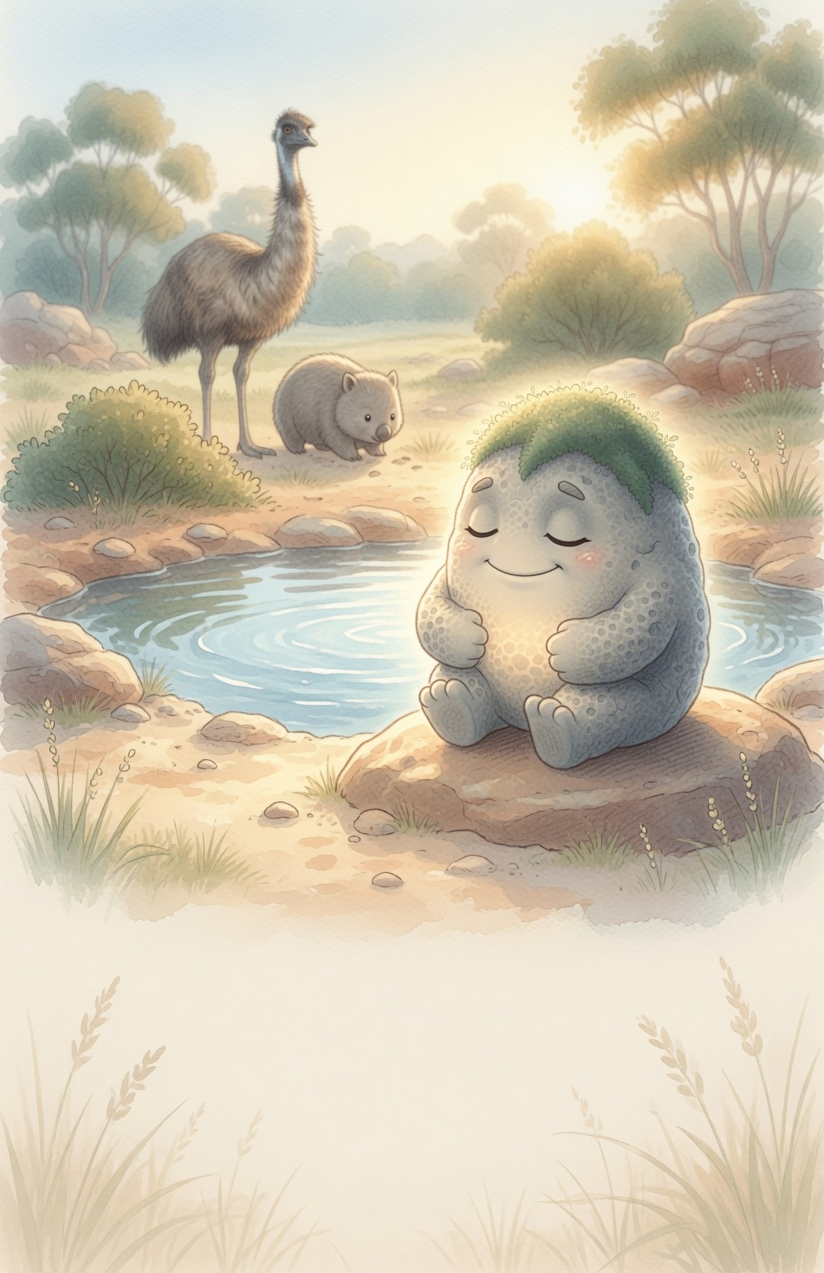 Next morning Grok the Rock sits contentedly on a sun-warmed rock by the water-hole, quietly humming, at ease in his own size.