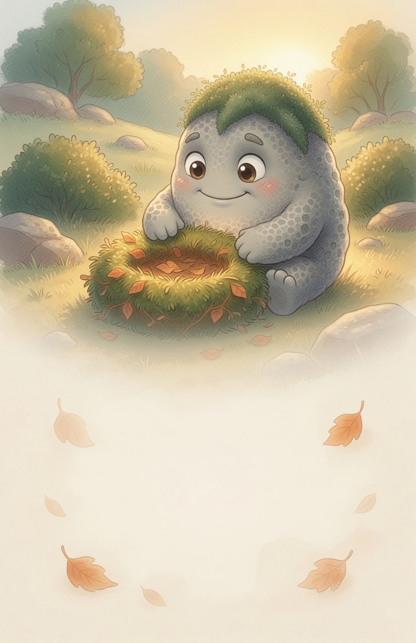 Grok the Rock finishes a cosy round nest of leaves and moss just his size, smiling with simple contentment in soft afternoon light.